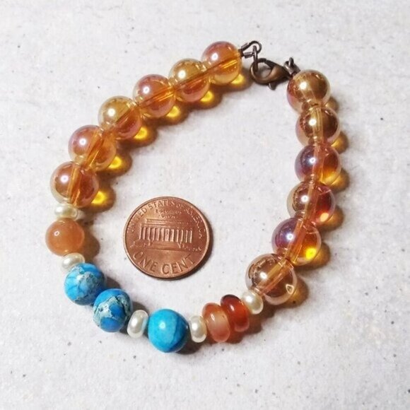 Mixed Media ~ Beaded Bracelet 7" Wrist! Aqua Sea Sediment Jasper, Orange Agate - Picture 2 of 8
